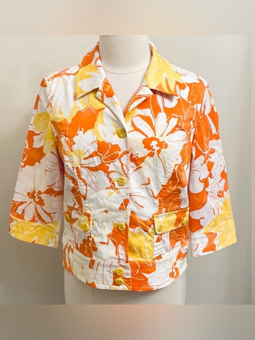 Coldwater Creek Orange Yellow White Retro Floral 14P Cottagecore Boho Jacket
